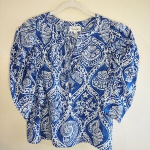 Panama Jack Linen Blouse Puff Sleeves Nautical Beach Seashells Women's Small
